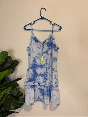 Blue Tie-Dye Ruffle Mini Dress swim cover up L